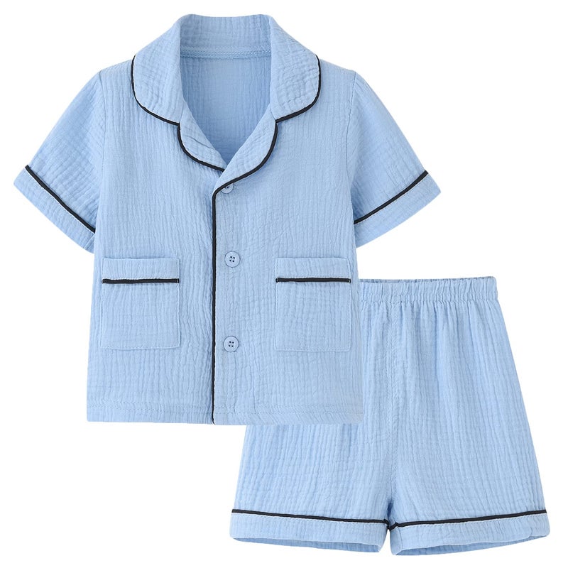 BINIDUCKLING Kids Pajamas Girls Button Up Short Pjs 6-7 Years Blue - Image 1
